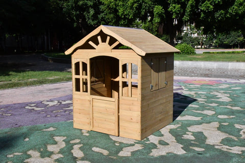 Fir Wood Kids Playhouse with Shuttered Windows & Sunburst Roof C1081G - with | Sold by Uncle Wiener's Wholesale
