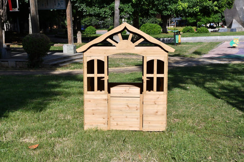 Fir Wood Kids Playhouse with Shuttered Windows & Sunburst Roof C1081G - with | Sold by Uncle Wiener's Wholesale