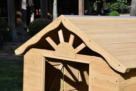 Fir Wood Kids Playhouse with Shuttered Windows & Sunburst Roof C1081G - with | Sold by Uncle Wiener's Wholesale