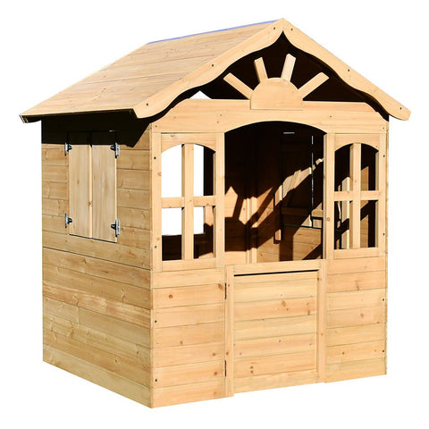 Fir Wood Kids Playhouse with Shuttered Windows & Sunburst Roof C1081G - with | Sold by Uncle Wiener's Wholesale