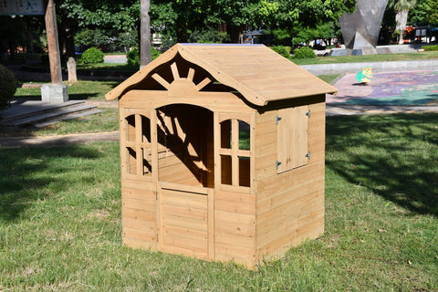 Fir Wood Kids Playhouse with Shuttered Windows & Sunburst Roof C1081G - with | Sold by Uncle Wiener's Wholesale