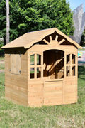 Fir Wood Kids Playhouse with Shuttered Windows & Sunburst Roof C1081G - with | Sold by Uncle Wiener's Wholesale
