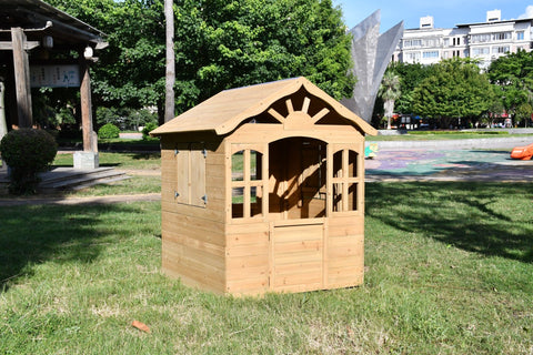 Fir Wood Kids Playhouse with Shuttered Windows & Sunburst Roof C1081G - with | Sold by Uncle Wiener's Wholesale