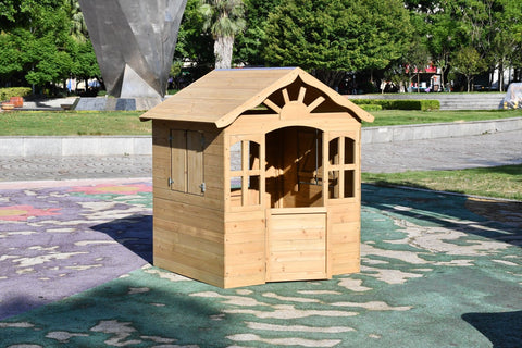 Fir Wood Kids Playhouse with Shuttered Windows & Sunburst Roof C1081G - with | Sold by Uncle Wiener's Wholesale