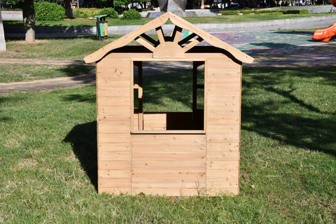 Fir Wood Kids Playhouse with Shuttered Windows & Sunburst Roof C1081G - with | Sold by Uncle Wiener's Wholesale