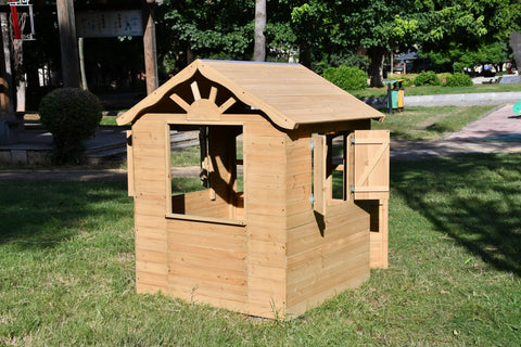 Fir Wood Kids Playhouse with Shuttered Windows & Sunburst Roof C1081G - with | Sold by Uncle Wiener's Wholesale