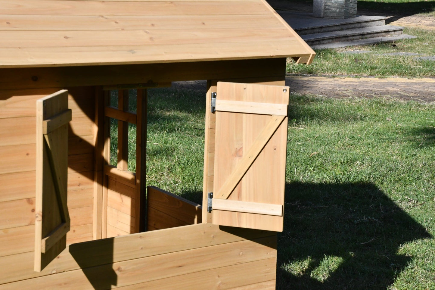 Fir Wood Kids Playhouse with Shuttered Windows & Sunburst Roof C1081G - with | Sold by Uncle Wiener's Wholesale