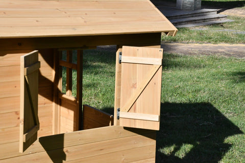 Fir Wood Kids Playhouse with Shuttered Windows & Sunburst Roof C1081G - with | Sold by Uncle Wiener's Wholesale