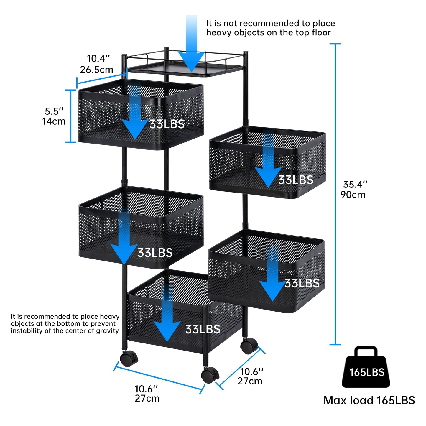 Five - Layer Rolling Storage Cart Carbon Steel with Baskets Organizer AMCSS508 - with | Sold by Uncle Wiener's Wholesale