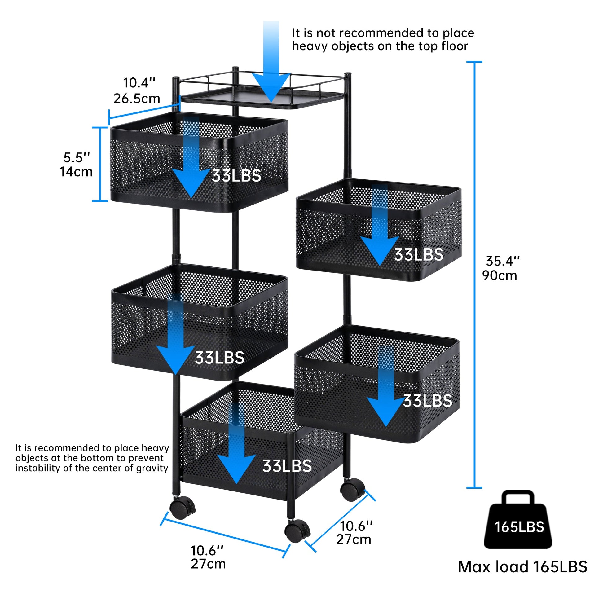 Five - Layer Rolling Storage Cart Carbon Steel with Baskets Organizer AMCSS508 - with | Sold by Uncle Wiener's Wholesale