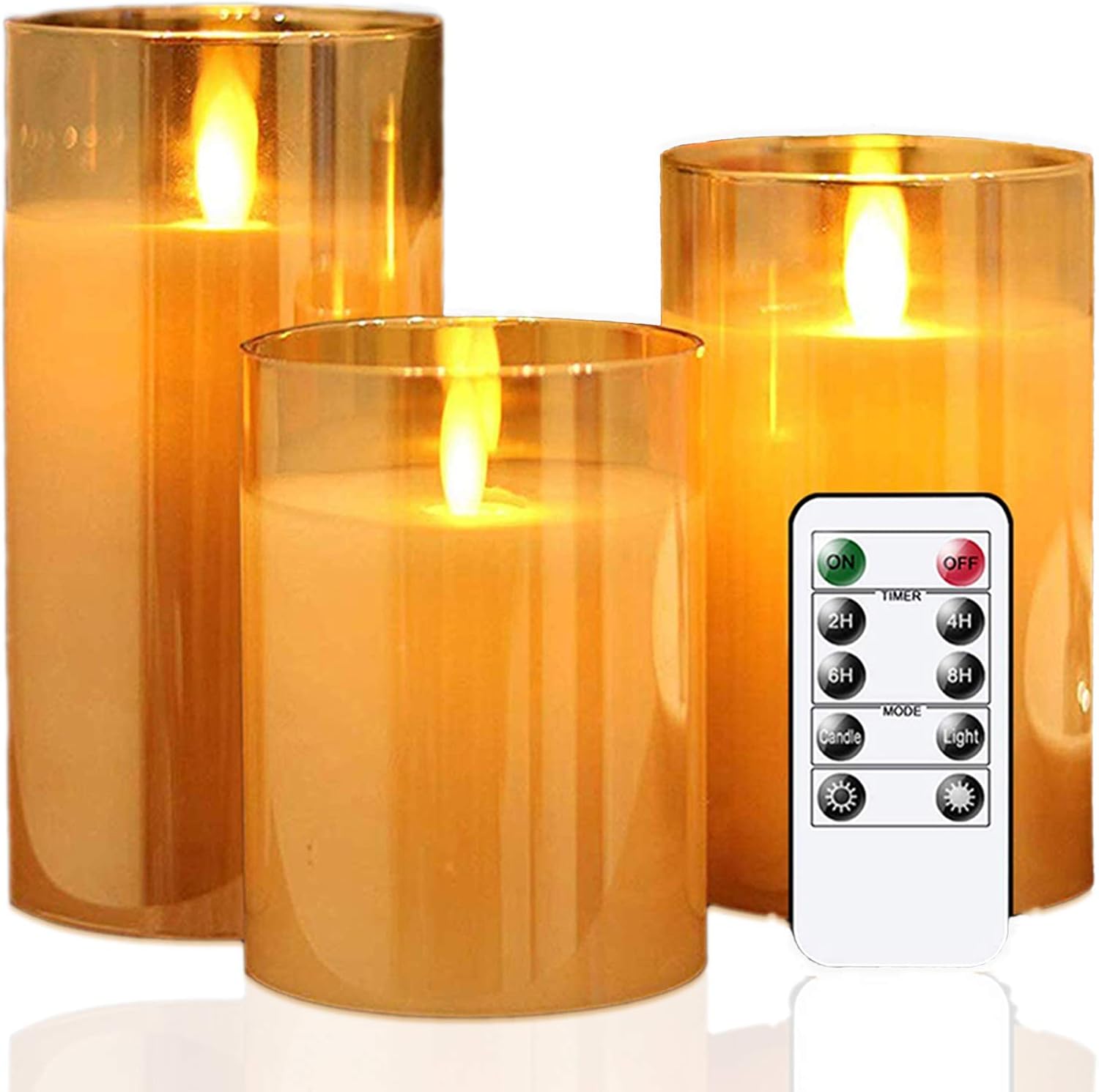 Flameless LED Glass Pillar Candles with Flickering Moving Flame, 3 - Piece Battery Operated Candle Set with Timer & Remote S6203 - with | Sold by Uncle Wiener's Wholesale