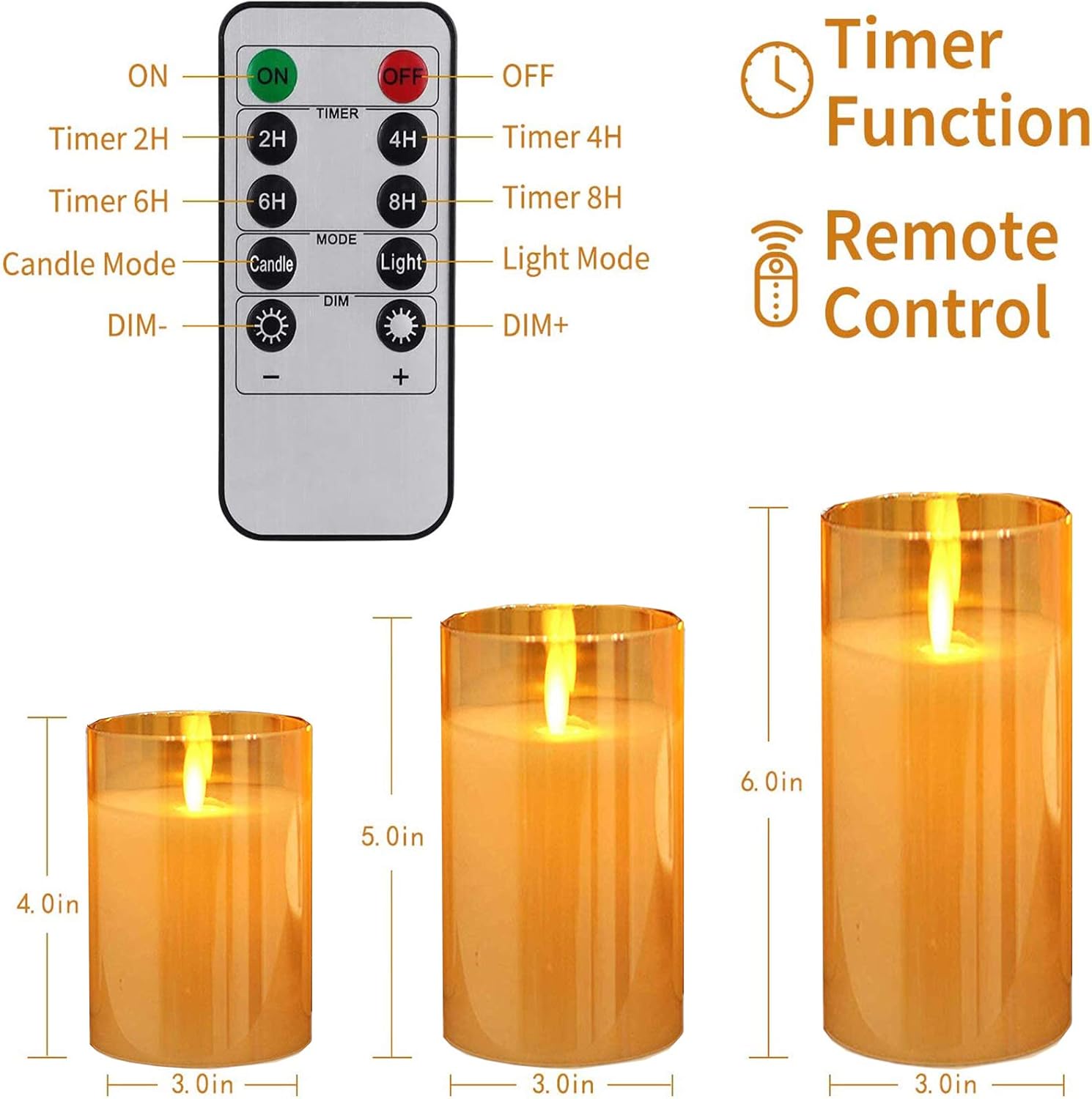Flameless LED Glass Pillar Candles with Flickering Moving Flame, 3 - Piece Battery Operated Candle Set with Timer & Remote S6203 - with | Sold by Uncle Wiener's Wholesale
