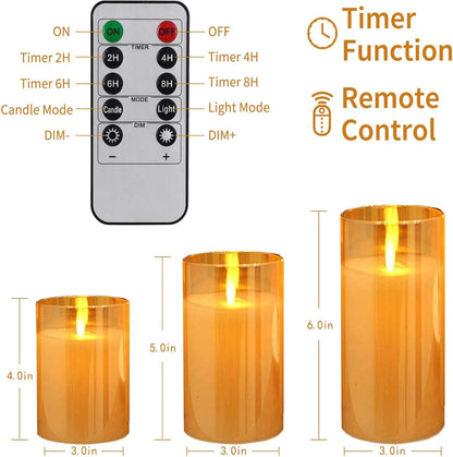 Flameless LED Glass Pillar Candles with Flickering Moving Flame, 3 - Piece Battery Operated Candle Set with Timer & Remote S6203 - with | Sold by Uncle Wiener's Wholesale