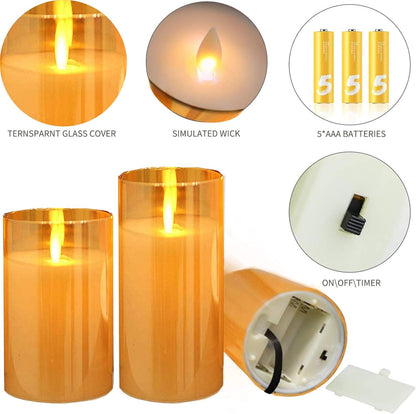 Flameless LED Glass Pillar Candles with Flickering Moving Flame, 3 - Piece Battery Operated Candle Set with Timer & Remote S6203 - with | Sold by Uncle Wiener's Wholesale