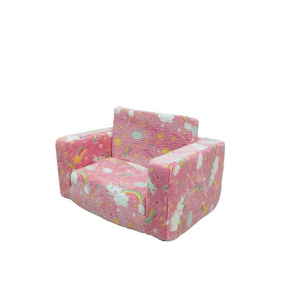 Flip Out 2 - in - 1 Kids Sofa Chair – Glow - in - the - Dark Stars, Moon & Rainbow Designs, Foldable Toddler Couch, Washable Plush - with Gray Star & Moon - Pink Rainbow Shooting Star Version | Sold by Uncle Wiener's Wholesale