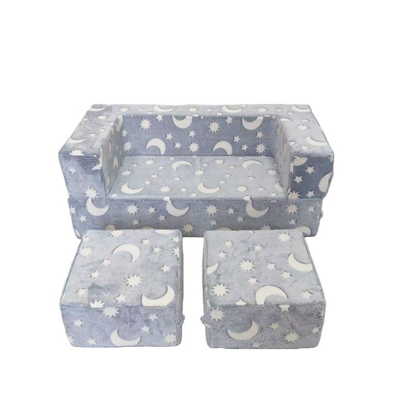Flip Out 2 - in - 1 Kids Sofa Chair – Glow - in - the - Dark Stars, Moon & Rainbow Designs, Foldable Toddler Couch, Washable Plush - with Gray Star & Moon - Pink Rainbow Shooting Star Version | Sold by Uncle Wiener's Wholesale