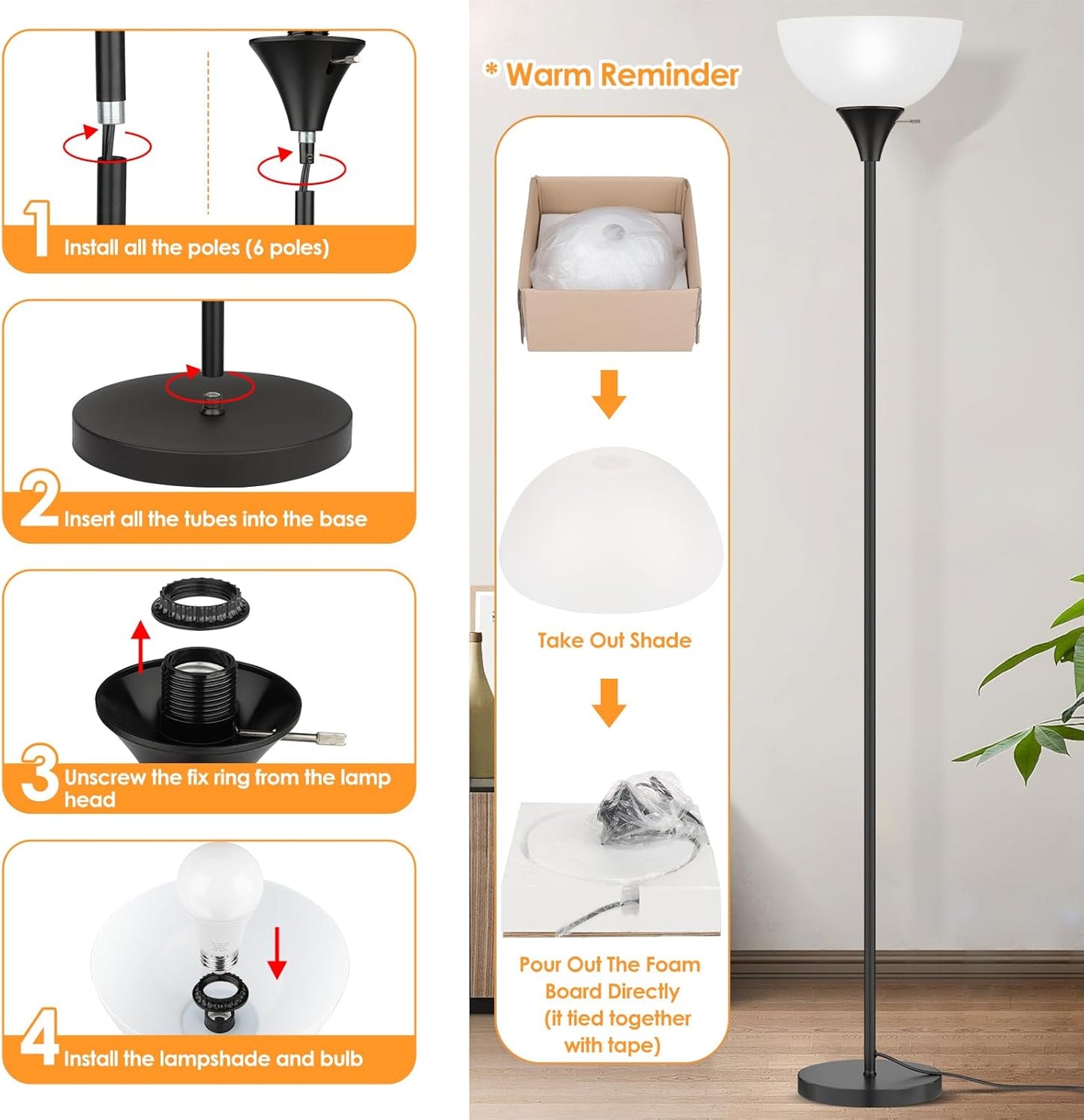 Floor Lamp Tall Standing Light with Bulb Included Black L7242 - with | Sold by Uncle Wiener's Wholesale