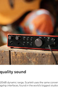 Focusrite Scarlett 2i2 Studio Bundle 4th Gen – Full Package View
Focusrite CM25 MkIII Condenser Microphone and SH-450 Headphones
Focusrite 2i2 4th Gen USB Audio Interface – Close Up
Home Recording Studio Bundle with Mic, Interface, Headphones
Focusrite Scarlett Audio Interface and Accessories – Top View