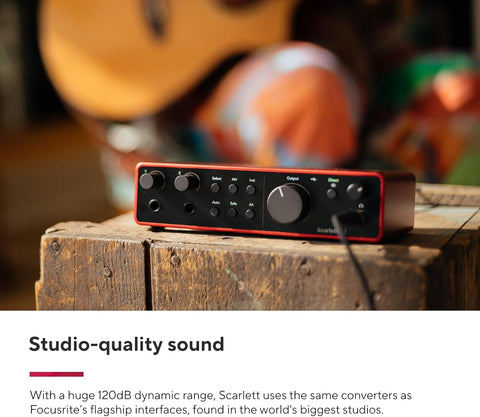 Focusrite Scarlett 2i2 Studio Bundle 4th Gen – Full Package View
Focusrite CM25 MkIII Condenser Microphone and SH-450 Headphones
Focusrite 2i2 4th Gen USB Audio Interface – Close Up
Home Recording Studio Bundle with Mic, Interface, Headphones
Focusrite Scarlett Audio Interface and Accessories – Top View