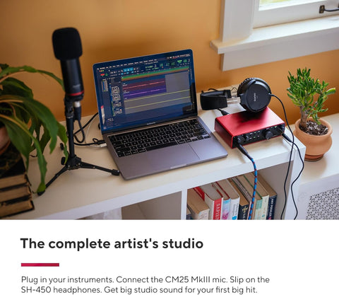 Focusrite Scarlett 2i2 Studio Bundle 4th Gen – Full Package View
Focusrite CM25 MkIII Condenser Microphone and SH-450 Headphones
Focusrite 2i2 4th Gen USB Audio Interface – Close Up
Home Recording Studio Bundle with Mic, Interface, Headphones
Focusrite Scarlett Audio Interface and Accessories – Top View