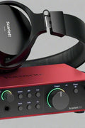 Focusrite Scarlett 2i2 Studio Bundle 4th Gen – Full Package View
Focusrite CM25 MkIII Condenser Microphone and SH-450 Headphones
Focusrite 2i2 4th Gen USB Audio Interface – Close Up
Home Recording Studio Bundle with Mic, Interface, Headphones
Focusrite Scarlett Audio Interface and Accessories – Top View