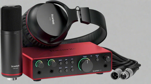 Focusrite Scarlett 2i2 Studio Bundle 4th Gen – Full Package View
Focusrite CM25 MkIII Condenser Microphone and SH-450 Headphones
Focusrite 2i2 4th Gen USB Audio Interface – Close Up
Home Recording Studio Bundle with Mic, Interface, Headphones
Focusrite Scarlett Audio Interface and Accessories – Top View
