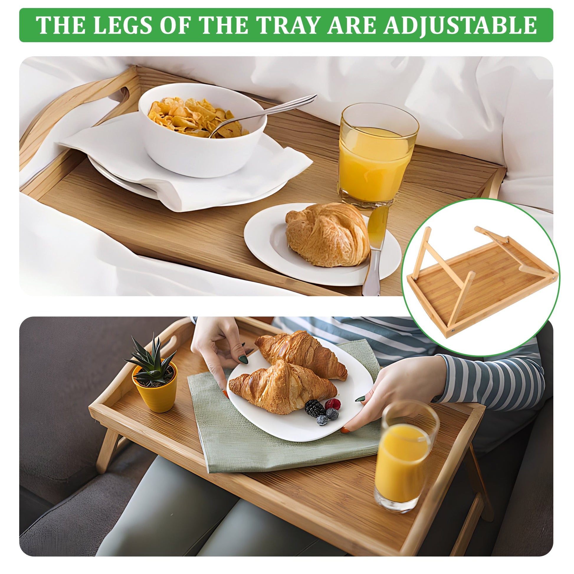 Foldable Bamboo Bed Tray Table 23.6" x 11.8" Breakfast Serving Tray with Legs AMBKT50 - with | Sold by Uncle Wiener's Wholesale