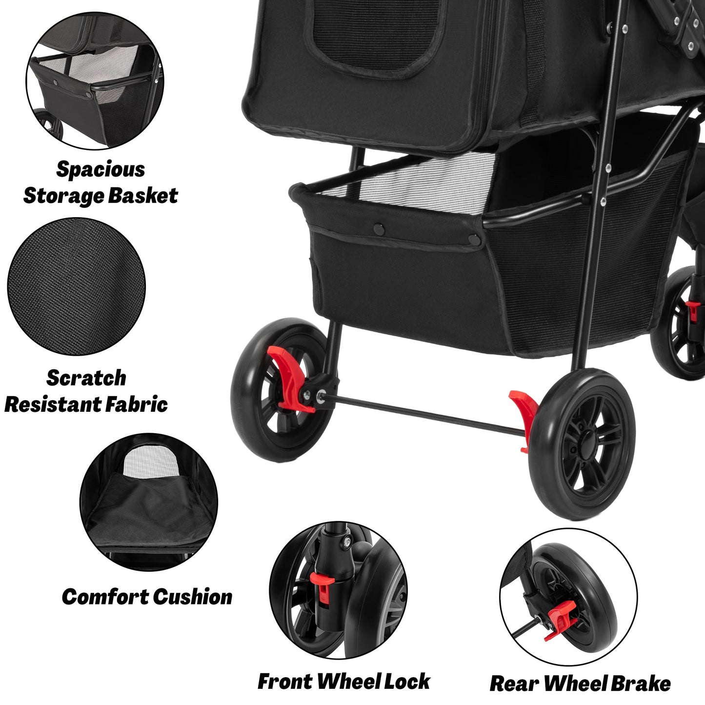 Foldable Pet Stroller for Small Dogs & Cats with Mesh Panels, Cup Holder, Storage Basket & 6.3" Wheels PS1037 - with | Sold by Uncle Wiener's Wholesale