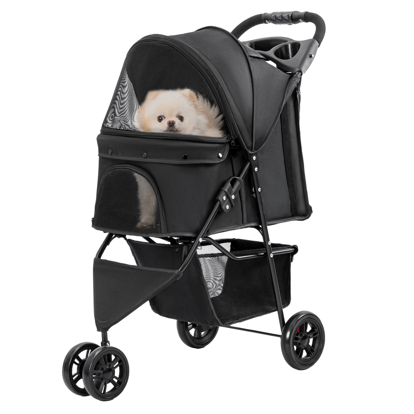 Foldable Pet Stroller for Small Dogs & Cats with Mesh Panels, Cup Holder, Storage Basket & 6.3" Wheels PS1037 - with | Sold by Uncle Wiener's Wholesale