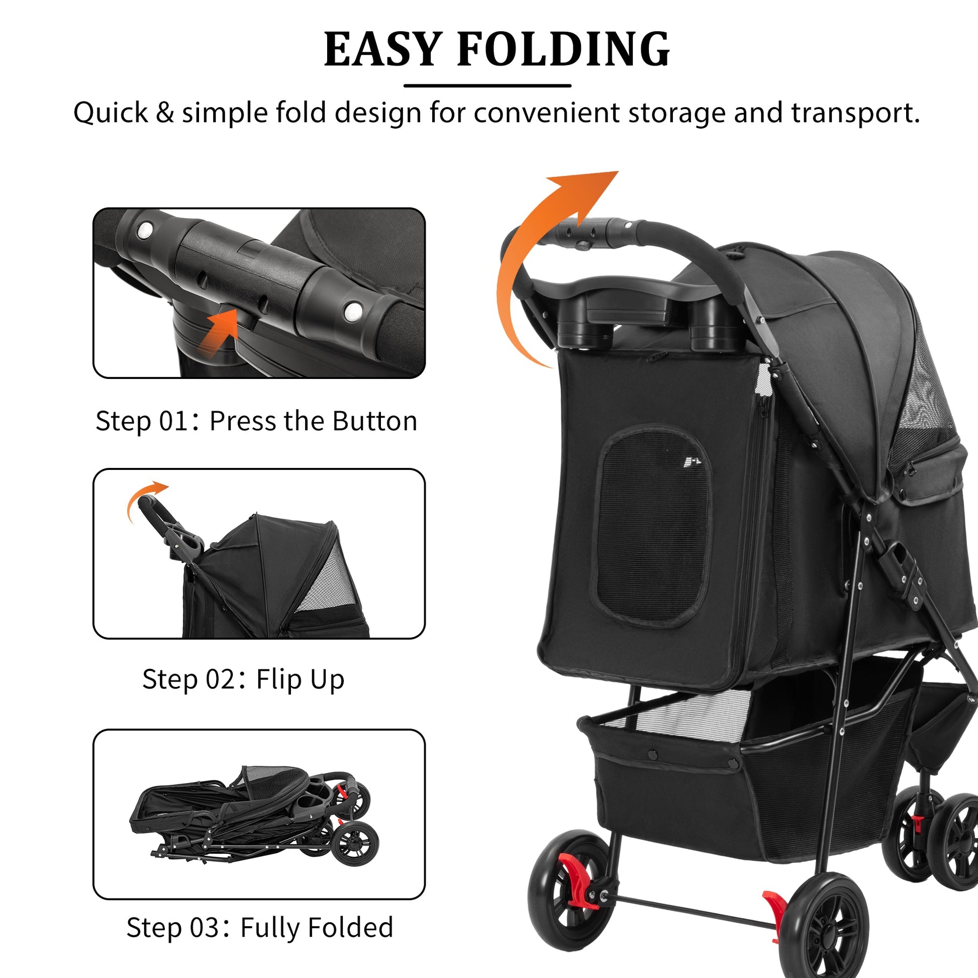 Foldable Pet Stroller for Small Dogs & Cats with Mesh Panels, Cup Holder, Storage Basket & 6.3" Wheels PS1037 - with | Sold by Uncle Wiener's Wholesale