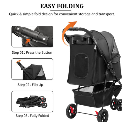 Foldable Pet Stroller for Small Dogs & Cats with Mesh Panels, Cup Holder, Storage Basket & 6.3" Wheels PS1037 - with | Sold by Uncle Wiener's Wholesale