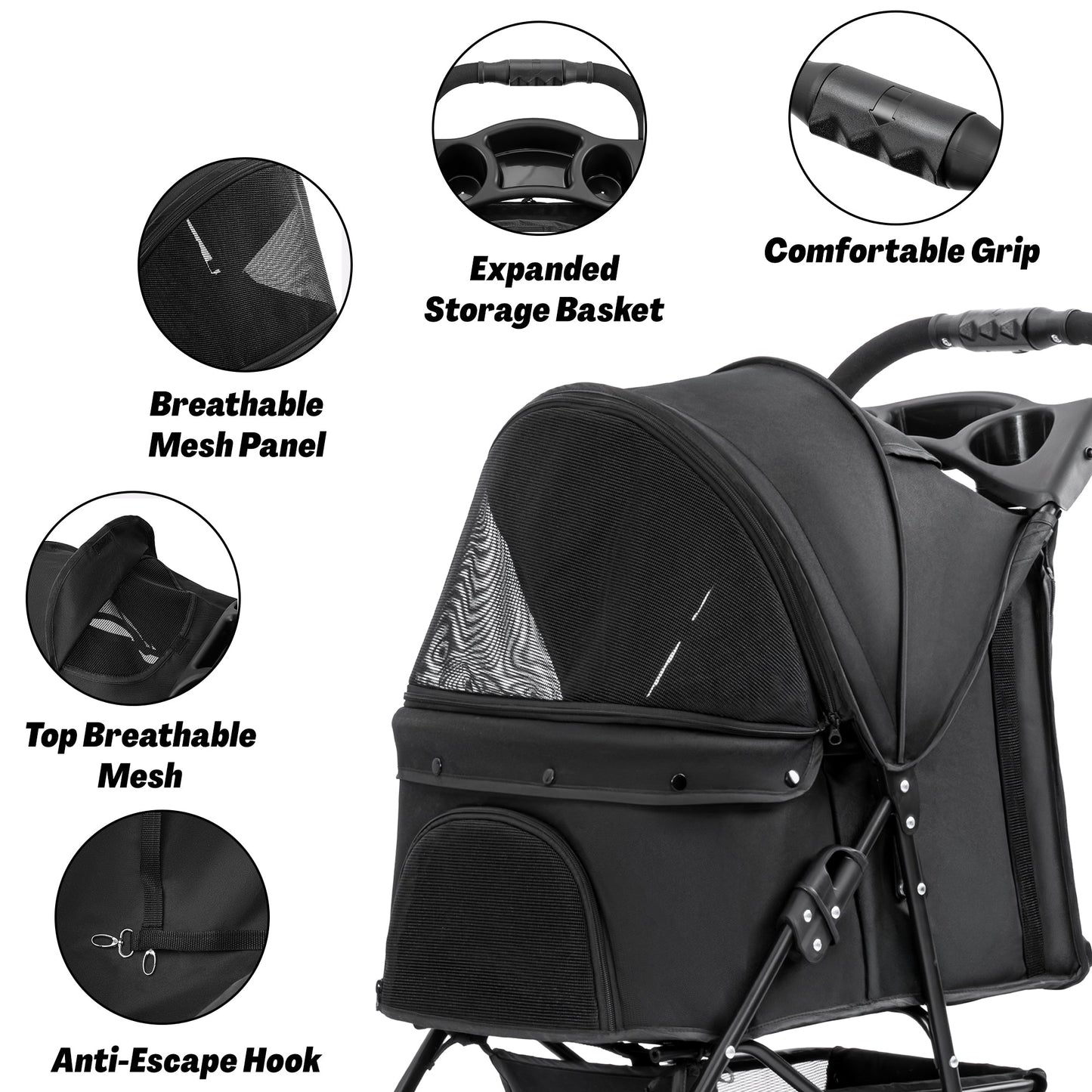 Foldable Pet Stroller for Small Dogs & Cats with Mesh Panels, Cup Holder, Storage Basket & 6.3" Wheels PS1037 - with | Sold by Uncle Wiener's Wholesale