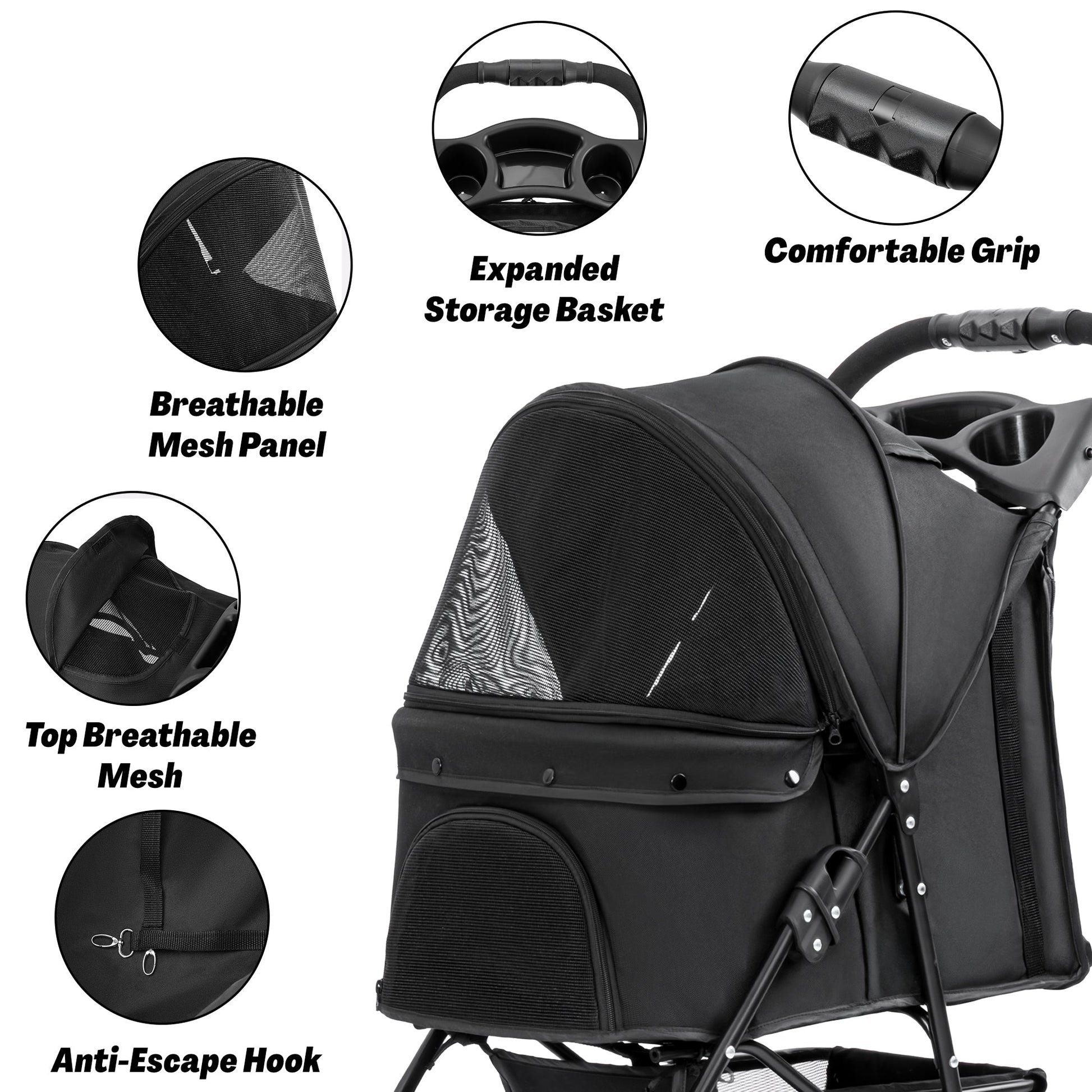 Foldable Pet Stroller for Small Dogs & Cats with Mesh Panels, Cup Holder, Storage Basket & 6.3" Wheels PS1037 - with | Sold by Uncle Wiener's Wholesale