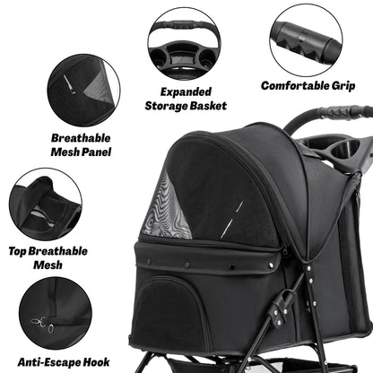 Foldable Pet Stroller for Small Dogs & Cats with Mesh Panels, Cup Holder, Storage Basket & 6.3" Wheels PS1037 - with | Sold by Uncle Wiener's Wholesale