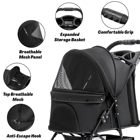 Foldable Pet Stroller for Small Dogs & Cats with Mesh Panels, Cup Holder, Storage Basket & 6.3" Wheels PS1037 - with | Sold by Uncle Wiener's Wholesale