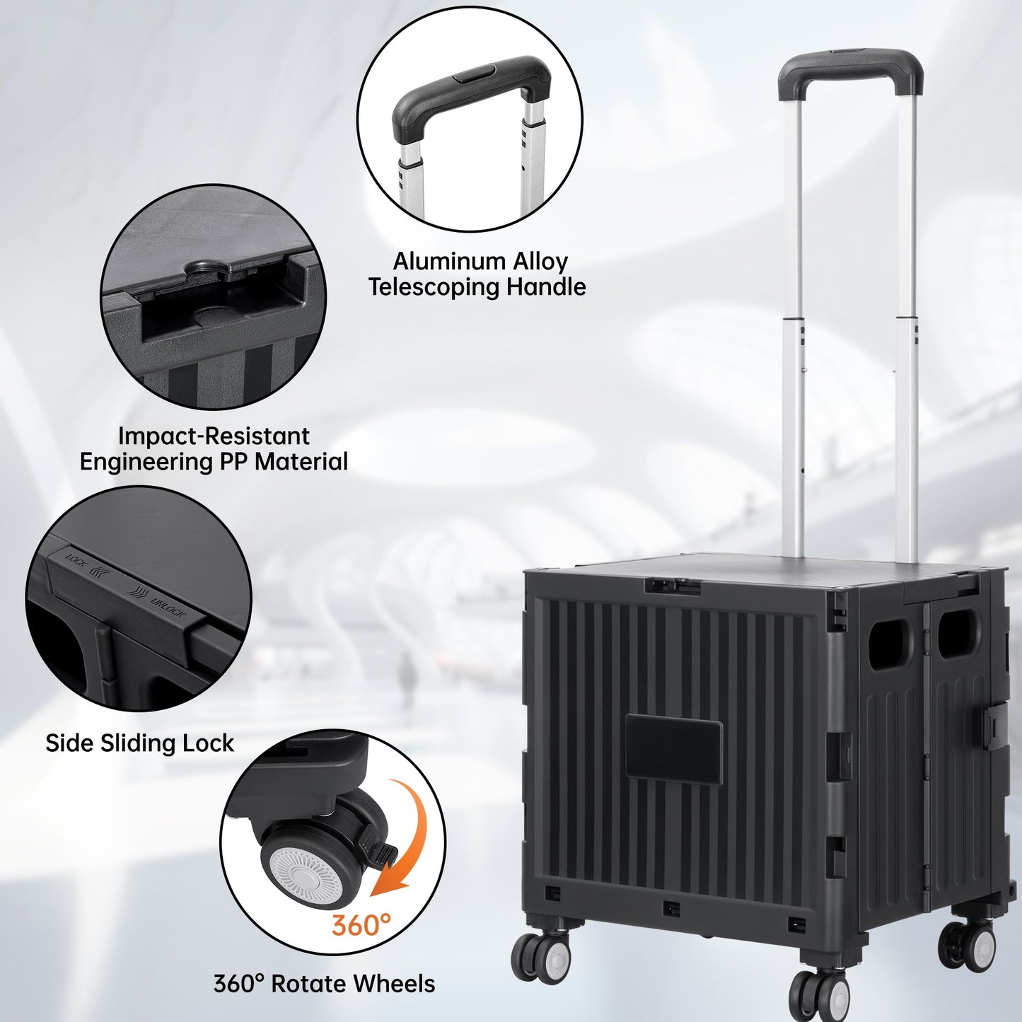 Foldable Shopping Cart with Lid 45L Rolling Storage Cart with 360° Wheels Black AMBWC303 - with | Sold by Uncle Wiener's Wholesale
