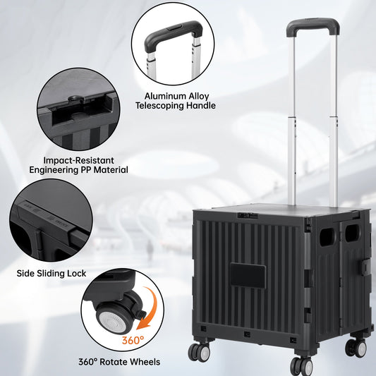 Foldable Shopping Cart with Lid 45L Rolling Storage Cart with 360° Wheels Black AMBWC303 - with | Sold by Uncle Wiener's Wholesale