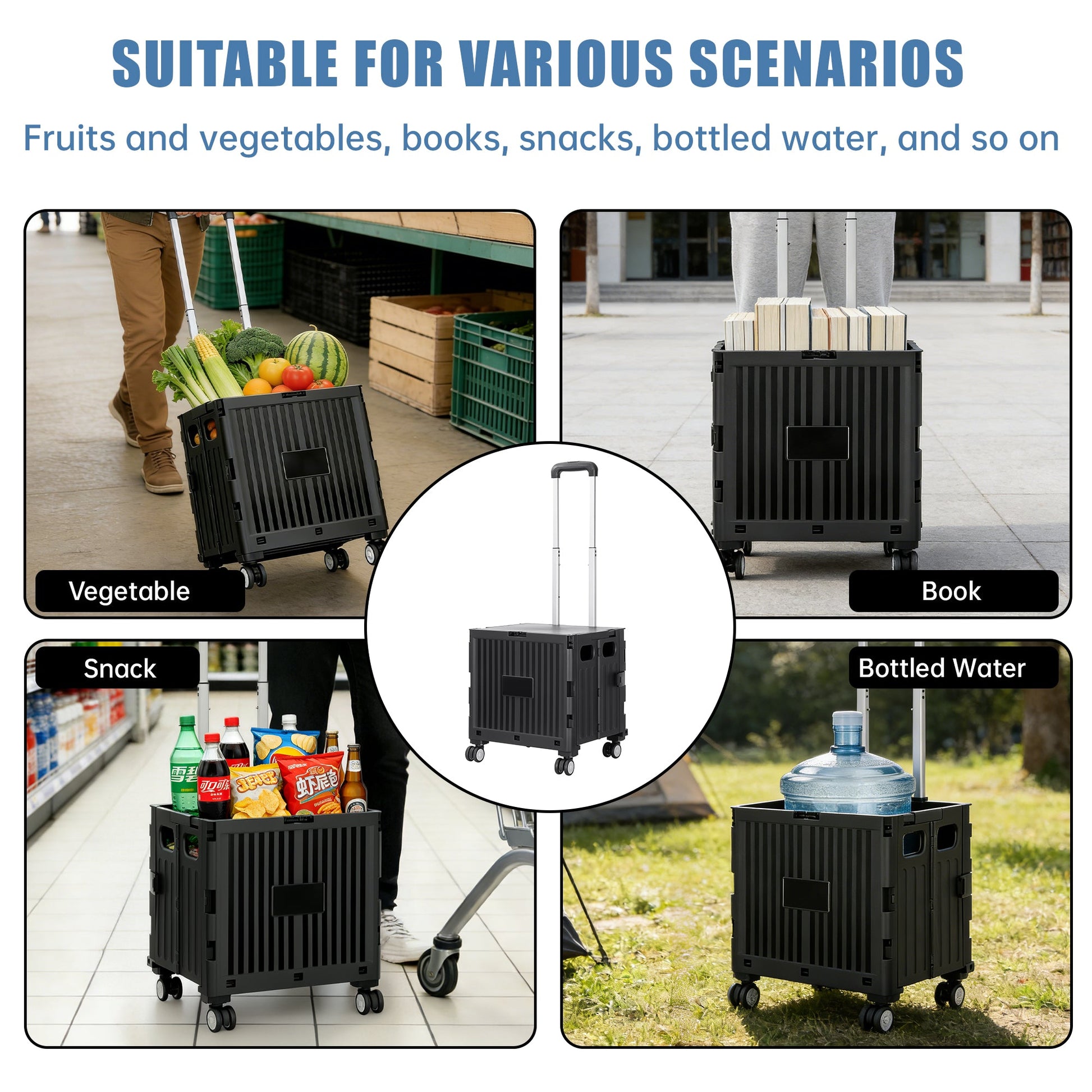 Foldable Shopping Cart with Lid 45L Rolling Storage Cart with 360° Wheels Black AMBWC303 - with | Sold by Uncle Wiener's Wholesale