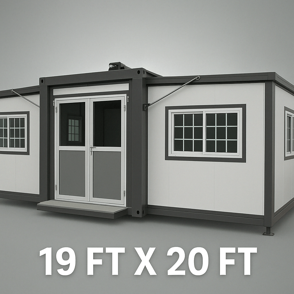 "Foldable insulated container home with windows and door – 19FT model"

"Portable prefab tiny home cabin for off-grid living and remote offices"

"Modular container house interior layout – white insulated walls and windows"