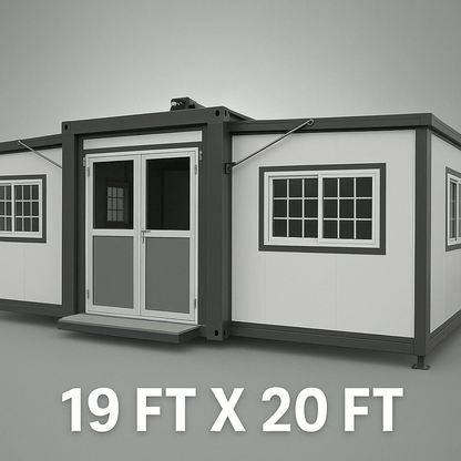 "Foldable insulated container home with windows and door – 19FT model"

"Portable prefab tiny home cabin for off-grid living and remote offices"

"Modular container house interior layout – white insulated walls and windows"