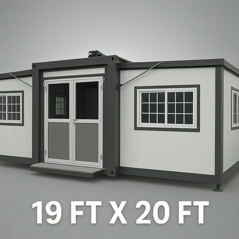 "Foldable insulated container home with windows and door – 19FT model"

"Portable prefab tiny home cabin for off-grid living and remote offices"

"Modular container house interior layout – white insulated walls and windows"