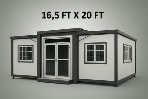 "Foldable insulated container home with windows and door – 19FT model"

"Portable prefab tiny home cabin for off-grid living and remote offices"

"Modular container house interior layout – white insulated walls and windows"