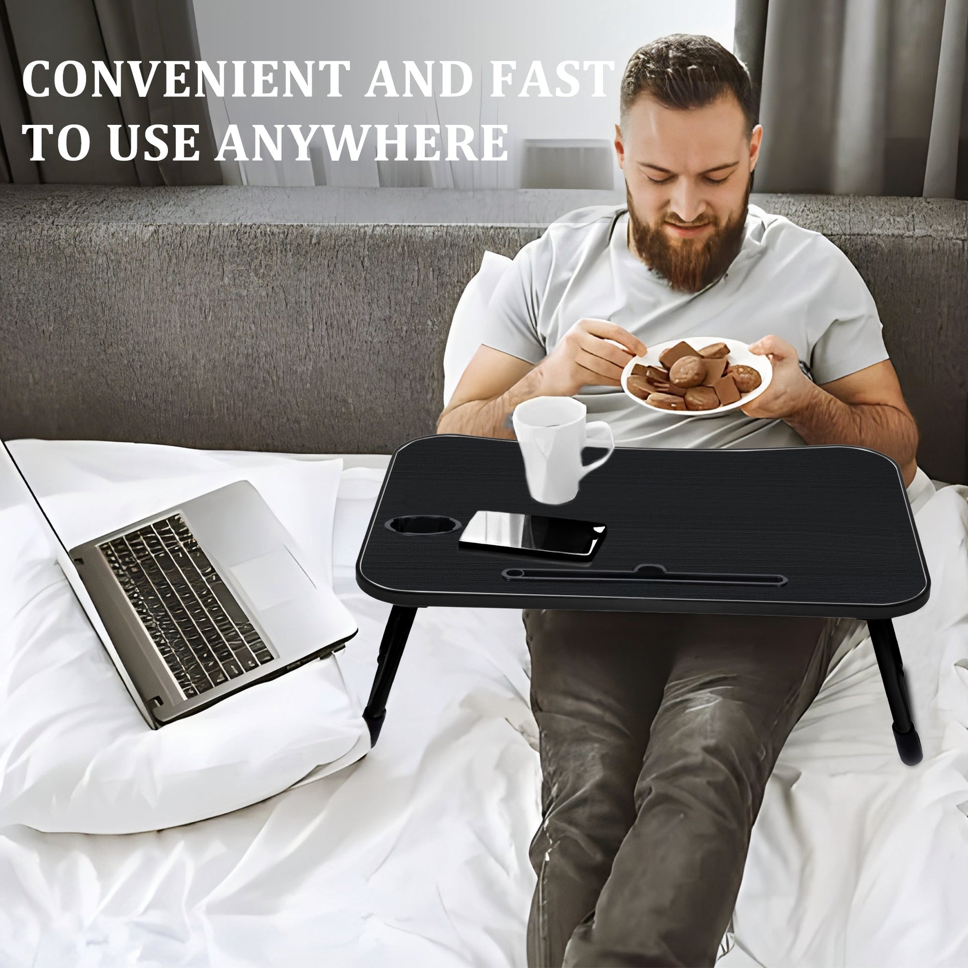 Folding Laptop Table for Bed & Sofa with Cup Holder – Portable Breakfast Tray, Laptop Bed Desk, Steel Legs, Black AMMBT64 - with | Sold by Uncle Wiener's Wholesale