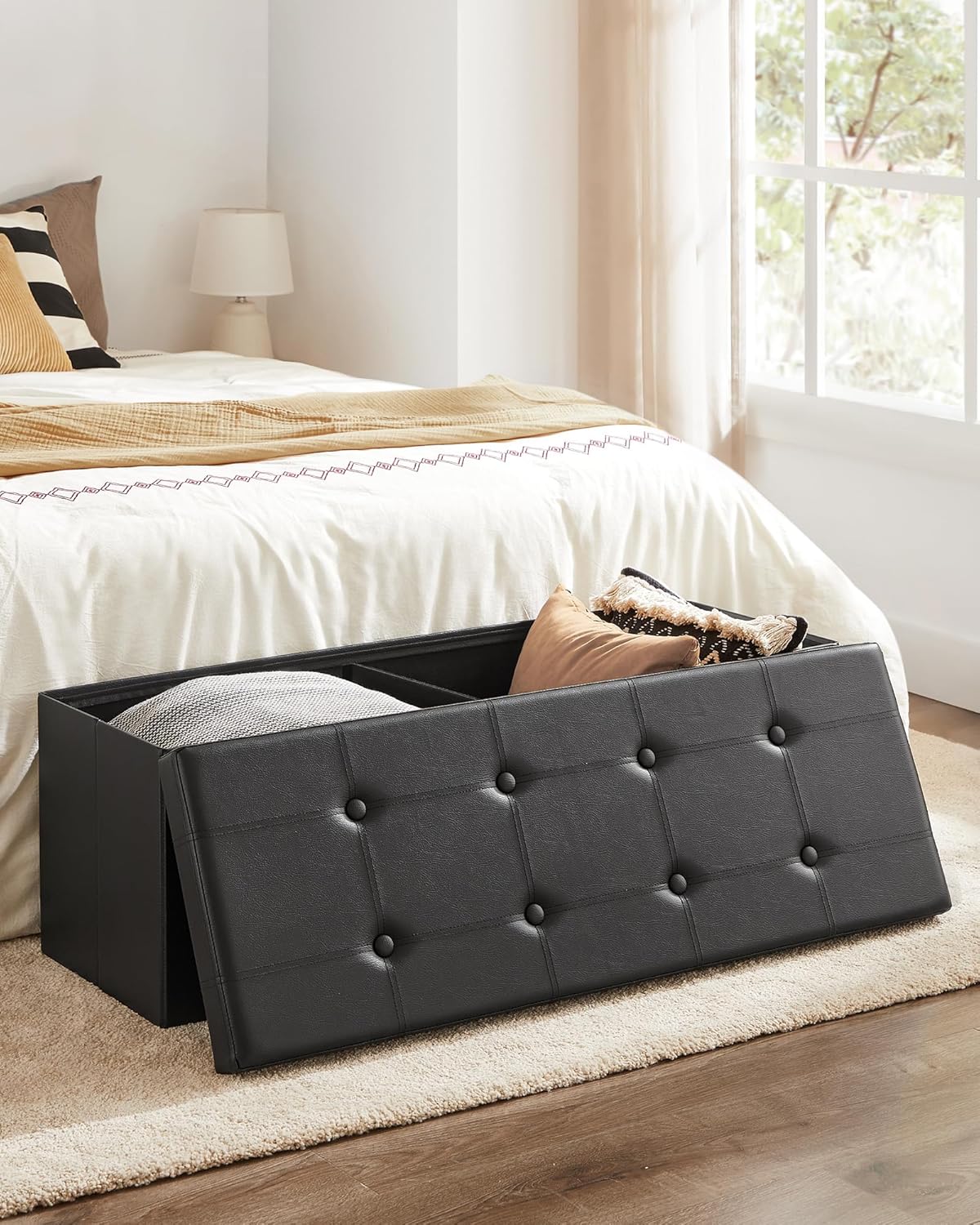 Folding Storage Ottoman Bench with Hidden Storage, Upholstered Foot Rest Bench, Storage Chest and Coffee Table for Living Room, Bedroom and Entryway Ink Black LSF701V1 - with | Sold by Uncle Wiener's Wholesale