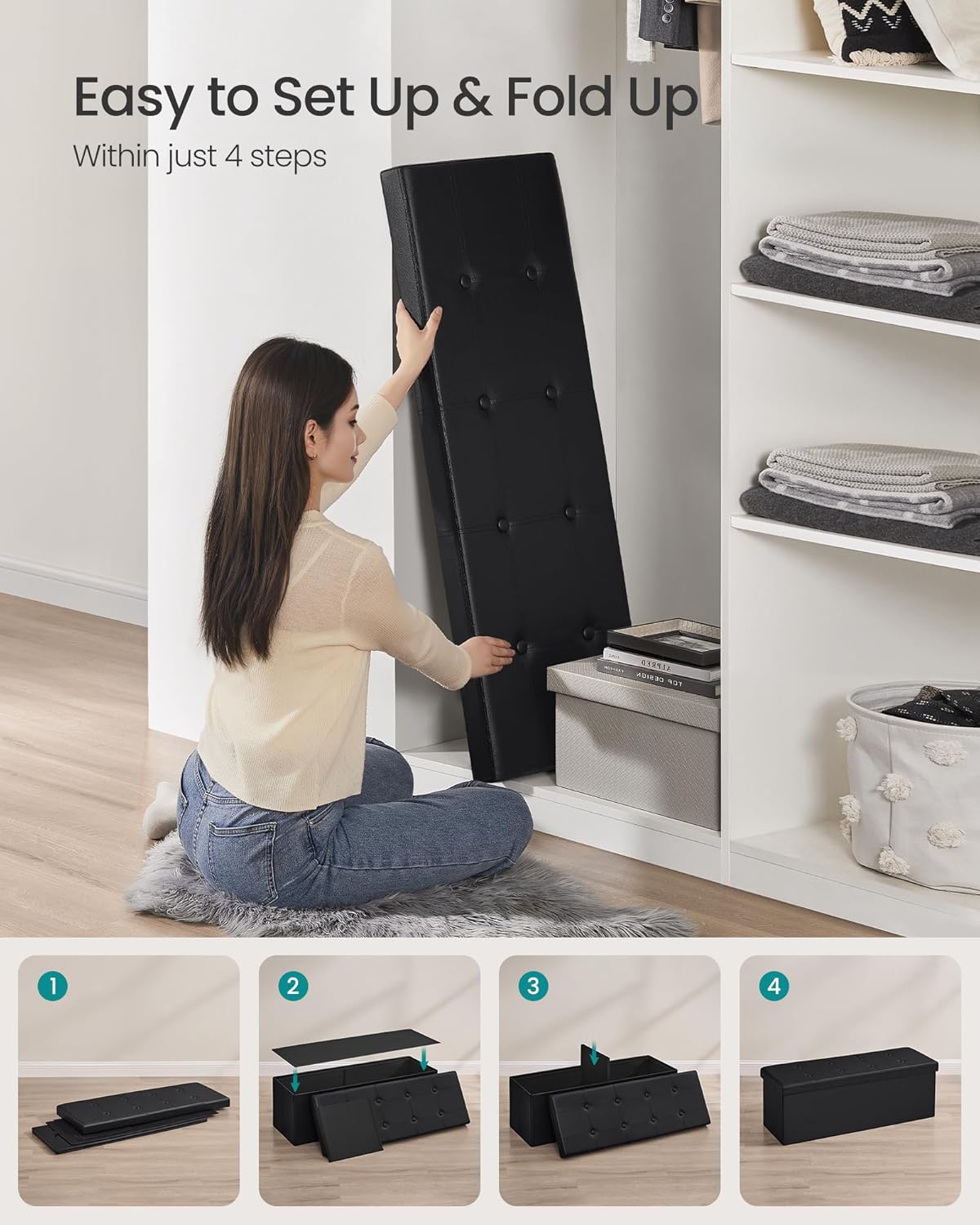 Folding Storage Ottoman Bench with Hidden Storage, Upholstered Foot Rest Bench, Storage Chest and Coffee Table for Living Room, Bedroom and Entryway Ink Black LSF701V1 - with | Sold by Uncle Wiener's Wholesale