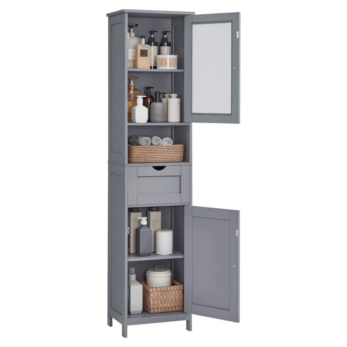 Freestanding Tall Bathroom Storage Cabinet 67in Slim Floor Standing Linen Organizer White / Grey STC022W - with Grey | Sold by Uncle Wiener's Wholesale
