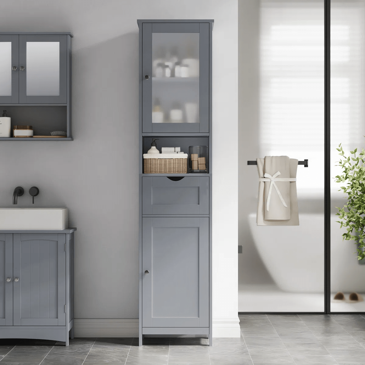 Freestanding Tall Bathroom Storage Cabinet 67in Slim Floor Standing Linen Organizer White / Grey STC022W - with Grey | Sold by Uncle Wiener's Wholesale