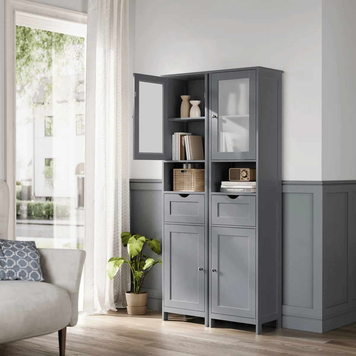 Freestanding Tall Bathroom Storage Cabinet 67in Slim Floor Standing Linen Organizer White / Grey STC022W - with Grey | Sold by Uncle Wiener's Wholesale