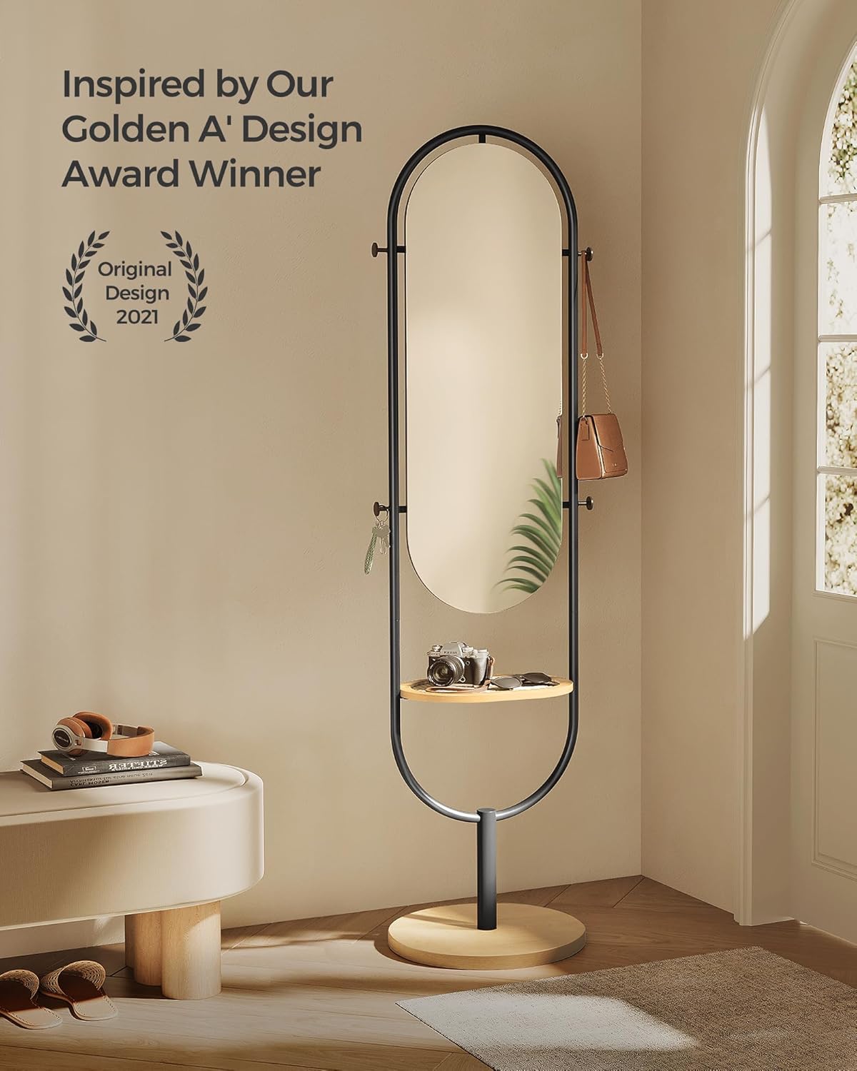 Full Length Floor Mirror with Storage Tray and Hooks, 3 in 1 Standing Full Body Mirror for Bedroom, Entryway and Living Room Oak Beige and Ink Black LFM007Y01 - with | Sold by Uncle Wiener's Wholesale