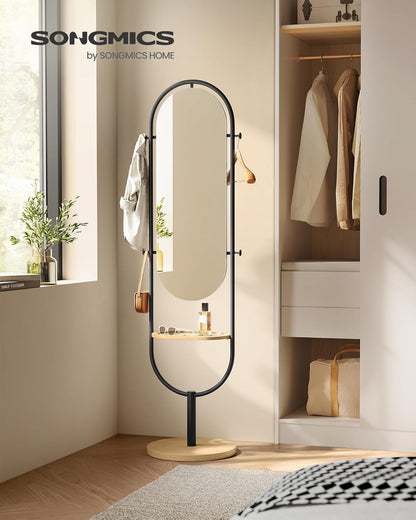 Full Length Floor Mirror with Storage Tray and Hooks, 3 in 1 Standing Full Body Mirror for Bedroom, Entryway and Living Room Oak Beige and Ink Black LFM007Y01 - with | Sold by Uncle Wiener's Wholesale